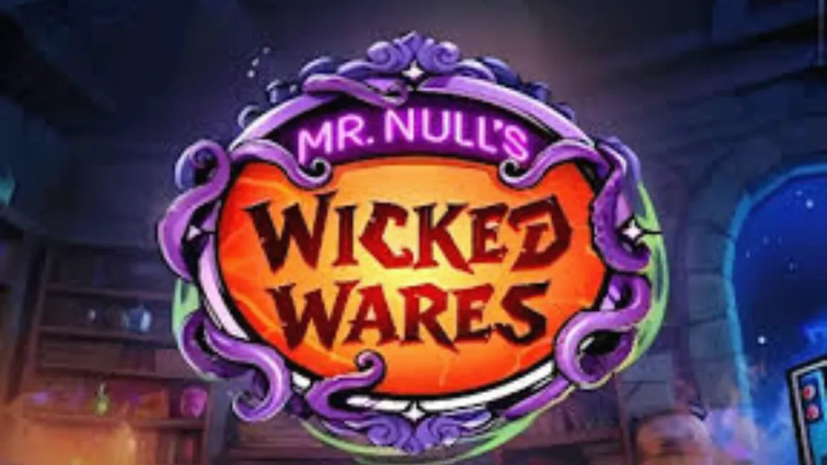 Tampilan layar utama slot Mr Null’s Wicked Wares dengan pedagang berkulit biru dan barang dagangan anehnya.