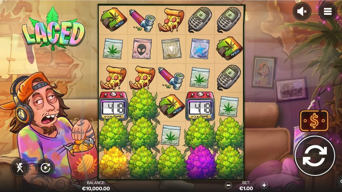 Laced slot game interface with surreal bachelor pad theme