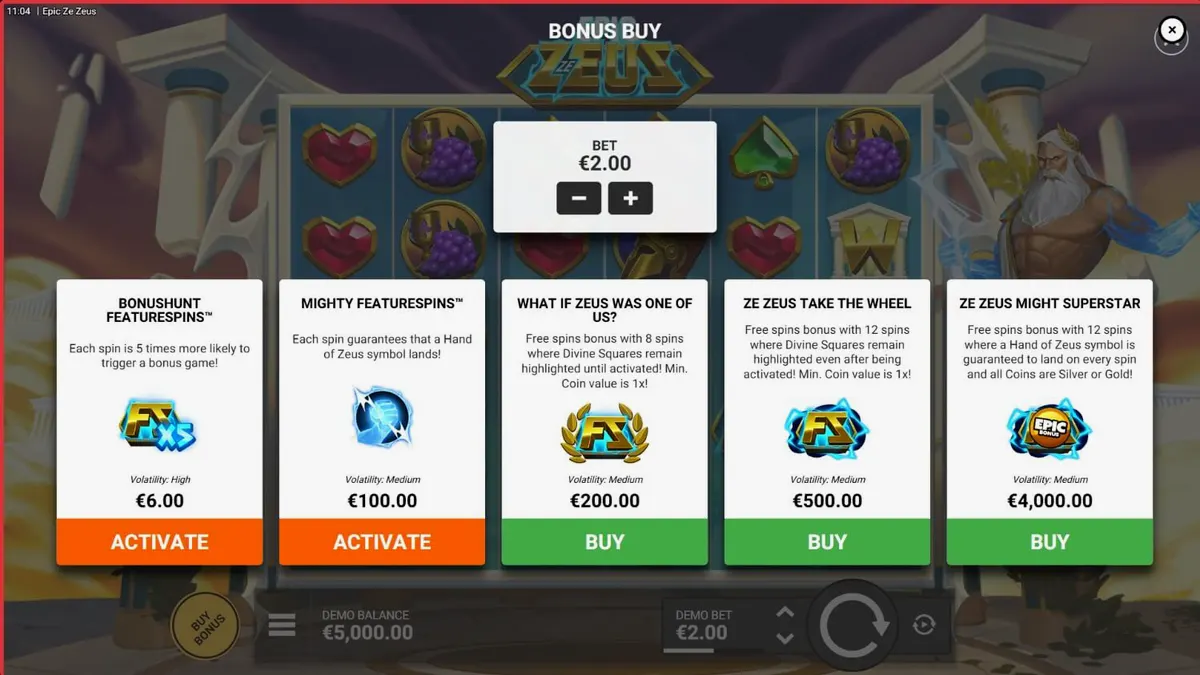 Tampilan visual slot Epic Ze Zeus dengan latar belakang kuil Yunani dan petir.
